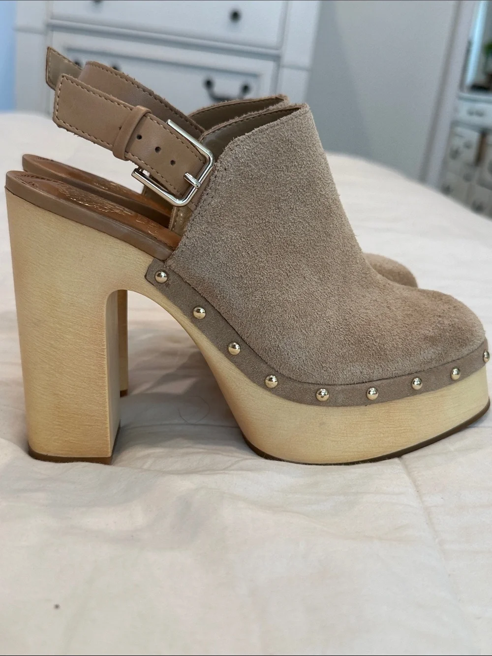 Vince Camuto Taupe Suede Studded Platform Slingbacks